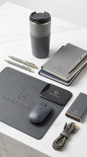 Artículos promocionales BRANDYX: termo, libreta, bolígrafos, ratón inalámbrico y batería externa grabados con el logo.