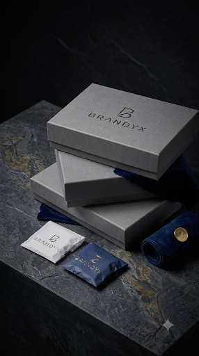 Cajas de packaging BRANDYX apiladas en gris con grabado del logo, sobre superficie de mármol oscuro.